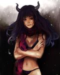  bad_id bad_pixiv_id black_hair black_nails blue_eyes bra breasts cleavage collarbone commentary_request crossed_arms freckles horns large_breasts lingerie long_hair looking_away midriff nail_polish navel original panties scarf snow solo standing sumishuu underwear 