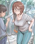  1girl bag bespectacled breasts brown_eyes brown_hair casual cleavage forest glasses hand_on_hip handbag large_breasts leaning_forward nature older rozen_maiden short_hair smile souseiseki tsuda_nanafushi 