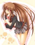  bad_id bad_pixiv_id blush bow brown_hair cat kneehighs lennon little_busters! long_hair natsume_rin pink_bow plaid plaid_skirt ponytail red_eyes ribbon sato_toshiya school_uniform skirt solo transparent_background 