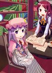  bat_wings book cup demon_tail hat head_wings hexagram highres koakuma library long_hair looking_at_viewer magic_circle muku_(muku-coffee) multiple_girls open_book open_mouth patchouli_knowledge pointy_ears purple_eyes purple_hair red_eyes red_hair robe runes sitting smile striped tail tea teacup touhou voile wings 