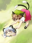  :&lt; animal_ears brown_eyes brown_hair cat_ears cat_tail chen chibi dirumaru_tomo earrings fang from_above hat jewelry mouse_ears mouse_tail multiple_girls multiple_tails nazrin o_o pendant running tail touhou 