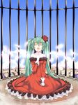  ahoge aqua_hair bare_shoulders cage closed_eyes day dress feathers flower gloves hair_ornament hatsune_miku long_hair music open_mouth red_dress rose shiromiso singing sitting sky solo twintails vocaloid 