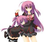  blue_eyes bow brown_eyes futaki_kanata hair_bobbles hair_ornament hug kuwashima_rein little_busters! long_hair multiple_girls pink_bow plaid plaid_skirt purple_hair saigusa_haruka school_uniform side_ponytail skirt striped striped_legwear thighhighs 