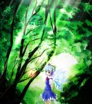  blue_hair bow cirno forest hair_bow hiromi_(artist) nature short_hair solo touhou 