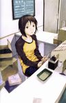  abe_yoshitoshi absurdres bob_cut book brown_eyes brown_hair cash_register chalkboard counter cup highres nakahara_misaki nhk_ni_youkoso! raglan_sleeves reading scan short_hair sitting solo 