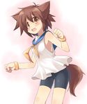  animal_ears armpits bike_shorts blush borrowed_character brown_eyes brown_hair fang highres original short_hair solo tail toba_hiyoko 