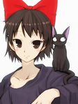  animal animal_on_shoulder black_cat black_hair bow brown_eyes cat cat_on_shoulder hair_bow jiji_(majo_no_takkyuubin) kiki majo_no_takkyuubin oota_yuuichi short_hair smile 