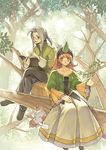  1girl bad_id bad_pixiv_id book branch dress earrings final_fantasy final_fantasy_iii glasses hairband in_tree jacket jewelry leaf letter long_hair luneth moogle nama_(tadpole) orange_hair ponytail reading refia scholar_(final_fantasy) silver_hair sitting sitting_in_tree smile summoner_(final_fantasy) tree 