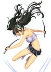  ayaki bad_id bad_pixiv_id bandeau belt beltskirt brown_hair dual_wielding gloves holding katana legs midriff muscle orange_eyes original shorts skinny solo strapless sword tubetop twintails weapon 