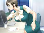  black_hair bow bracelet breast_rest breasts chair computer cup earrings game_cg glasses huge_breasts jewelry leaning_forward milk_junkies milk_junkies_3 miniskirt mug office_lady short_hair sitting skirt solo tatsunami_youtoku toyohara_hitomi watch window wristwatch 