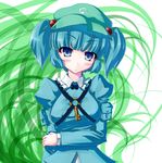  :/ bangs blue_eyes blue_hair blunt_bangs breasts hair_bobbles hair_ornament hat holding_arm kawashiro_nitori key medium_breasts short_hair sidelocks solo tama_(speedgrapher) touhou twintails two_side_up upper_body wavy_mouth 