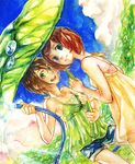  bad_id bad_pixiv_id blue_eyes blush brown_hair copyright_request green green_eyes happy hose kasumi_(hitokuri) multiple_girls plant short_hair shorts smile water 