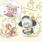  :3 ahoge animal_ears blush cat_ears cat_tail chibi closed_eyes eating fish flandre_scarlet hanuu_(kemomiku) hat heart kemonomimi_mode komeiji_koishi multiple_girls o_o pillow sleeping tail touhou 