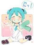  alternate_hair_length alternate_hairstyle aqua_hair blush child closed_eyes grin hatsune_miku headphones pillow short_hair short_twintails smile solo spring_onion themed_object tsukina_(artist) twintails v vocaloid younger 