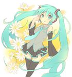  aqua_eyes aqua_hair detached_sleeves flower hand_on_ear hatsune_miku headphones long_hair lowres necktie skirt smile solo tachitsu_teto thighhighs twintails very_long_hair vocaloid zettai_ryouiki 