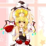  &gt;:) :d ^_^ akina_(schism) bad_id bad_pixiv_id blonde_hair borrowed_garments braid carrying chin_on_head chin_rest closed_eyes flandre_scarlet hat headwear_switch kirisame_marisa mary_janes multiple_girls one_side_up open_mouth ponytail shoes short_hair shoulder_carry smile touhou v-shaped_eyebrows wings witch_hat yellow_eyes 