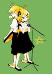  1girl ahoge back-to-back blonde_hair brother_and_sister bubble_blowing chewing_gum dress green_eyes hair_ornament hairclip kagamine_len kagamine_rin microphone microphone_stand musical_note ninjin_(charat7) shoes short_hair shorts siblings smile twins vocaloid 