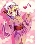  bad_id bad_pixiv_id blush flandre_scarlet gradient_hair japanese_clothes kimono multicolored_hair musical_note pink_kimono rarami short_hair smile solo touhou yukata 