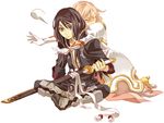  1girl black_eyes black_hair blush boots estellise_sidos_heurassein gloves grey_footwear hug knee_boots long_hair miho_(mi) pink_hair sheath sheathed short_hair sword tales_of_(series) tales_of_vesperia weapon yuri_lowell 