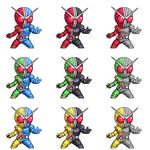  antennae bad_id bad_pixiv_id black_bodysuit blue_bodysuit bodysuit eou green_bodysuit grey_bodysuit kamen_rider kamen_rider_double kamen_rider_w lowres multicolored multicolored_bodysuit multicolored_clothes pixel_art red_bodysuit variations yellow_bodysuit 