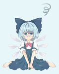  bad_id bad_pixiv_id bandaid bandaid_on_nose barefoot blue_background blue_eyes blue_hair cirno frown full_body kimera short_hair simple_background sitting solo tears touhou v_arms wariza 