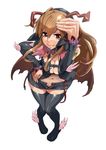  absurdres ahoge bat_wings boots breasts brown_hair cleavage headband highres large_breasts long_hair original short_shorts shorts solo thigh_boots thighhighs wings zunta 