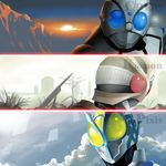  bodysuit helmet highres horizon kamen_rider kamen_rider_cdrw kamen_rider_k@non kamen_rider_pixiv male_focus multiple_boys obui original outdoors ruins sun sunlight sunrise upper_body 