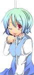  between_breasts blue_hair breasts maiku one_eye_closed red_eyes solo tatara_kogasa tongue touhou 