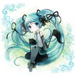  aqua_eyes aqua_hair bad_id bad_pixiv_id detached_sleeves hair_ribbon hatsune_miku headset long_hair miyabi_akino musical_note necktie no_nose ribbon skirt smile solo thighhighs twintails very_long_hair vocaloid 