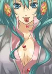  :p aqua_eyes aqua_hair bad_id bad_pixiv_id breasts candy cleavage close-up food hatsune_miku headphones headset long_hair medium_breasts peony_(peony33) smile solo tongue tongue_out twintails vocaloid 