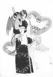  angel black_hair bob_cut character_request demon demon_tail demon_wings greyscale halo horns japanese_clothes kimono monochrome petshop_of_horrors short_hair tail wings 