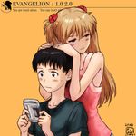  1girl black_hair brown_hair handheld_game_console ikari_shinji ikeda_(cpt) long_hair neon_genesis_evangelion rebuild_of_evangelion shikinami_asuka_langley shirt short_hair souryuu_asuka_langley t-shirt tank_top tsundere twintails video_game wonderswan 