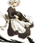  apron boots box_magazine braid gun izayoi_sakuya m249 machine_gun maid red_eyes shiro_(hakukosui) short_hair silver_hair solo touhou twin_braids weapon 