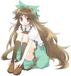  bottomless brown_hair harmonia kneehighs long_hair red_eyes reiuji_utsuho ribbon sitting socks solo touhou 