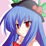  bad_id bad_pixiv_id blue_hair exion_(neon) food frown fruit hat hinanawi_tenshi long_hair peach red_eyes ribbon solo touhou 