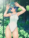  aqua_hair armpits asics bare_shoulders blue_eyes chain-link_fence competition_swimsuit copyright_request fence goggles highres ishii_akira navel one-piece_swimsuit short_hair smile solo swimsuit 