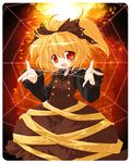  blonde_hair blush bow cat's_cradle colorized hair_bow kurodani_yamame long_hair looking_at_viewer nisu open_mouth ponytail red_eyes silk smile solo spider_web touhou 