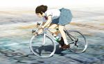  ayase_fuuka bicycle bob_cut bottle brown_hair eyebrows from_right_hand ground_vehicle plaid plaid_skirt school_uniform short_hair skirt solo thick_eyebrows water_bottle wind yotsubato! 
