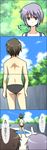  2boys 4koma ass back bad_id bad_pixiv_id black_eyes black_hair cloud comic day fence from_behind koizumi_itsuki kyon male_swimwear multiple_boys nagato_yuki nouzu outdoors pointing short_hair silver_hair sky sparkle staring suzumiya_haruhi_no_yuuutsu sweatdrop swim_briefs swimsuit swimwear translated 