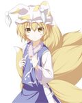  bad_id bad_pixiv_id blonde_hair blush_stickers flat_chest fox_tail hat ippaiccha long_sleeves multiple_tails pillow_hat short_hair solo tail tassel touhou white_background wide_sleeves yakumo_ran yellow_eyes younger 