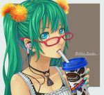  alternate_costume aqua_hair aqua_nails bad_id bad_pixiv_id bespectacled blue_eyes bra cable_divider camisole casual drink earbuds earphones glasses green_hair hair_ornament hatsune_miku jewelry lingerie lipstick long_hair makeup nail_polish necklace solo twintails underwear vocaloid yuru 