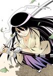  bad_id bad_pixiv_id bandages black_hair breasts cleavage japanese_clothes kaeru_kenshi katana large_breasts long_hair no_bra original solo sword weapon 