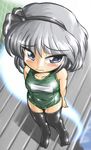  alternate_color_school_swimsuit black_hairband black_legwear blue_eyes blush ghost green_swimsuit hairband konpaku_youmu konpaku_youmu_(ghost) one-piece_swimsuit school_swimsuit short_hair silver_hair solo swimsuit thighhighs touhou winn 