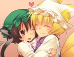  animal_ears bad_id bad_pixiv_id blonde_hair brown_eyes brown_hair cat_ears cat_tail chen close-up closed_eyes fang happy hat heart hug long_sleeves multiple_girls multiple_tails one_eye_closed open_mouth pillow_hat short_hair smile tail takahina touhou yakumo_ran 