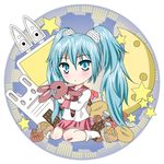  aqua_eyes aqua_hair bandaid bandaid_on_knee cake candy chibi chocolate chocolate_bar doughnut food fruit hatsune_miku long_hair lots_of_laugh_(vocaloid) macaron moon pancake pastry slice_of_cake solo stack_of_pancakes star strawberry stuffed_animal stuffed_bunny stuffed_toy twintails usakou vocaloid 