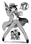  azumanga_daiou badge cuffs detective energy_gun fedora formal greyscale gun handcuffs hat kurosawa_minamo monochrome multiple_girls necktie pant_suit police ray_gun sakaki_imasato school_uniform short_hair suit takino_tomo tanizaki_yukari translated trench_coat weapon 