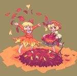  aki_minoriko aki_shizuha autumn bad_id bad_pixiv_id barefoot blonde_hair food hair_ornament hat kou_2008 leaf leaf_hair_ornament lowres multiple_girls pixel_art potato red_eyes short_hair siblings sisters skirt_basket touhou 