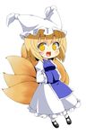  blonde_hair chibi fox_tail full_body hands_in_opposite_sleeves hat long_sleeves mamedenkyuu_(berun) multiple_tails open_mouth pillow_hat shoes short_hair socks solo tail tassel touhou white_background wide_sleeves yakumo_ran yellow_eyes 