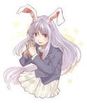  animal_ears bad_id bad_pixiv_id blazer bunny_ears jacket lavender_hair long_hair nail_polish nazuki_nazu necktie no_legs pleated_skirt red_eyes red_nails reisen_udongein_inaba skirt smile solo steepled_fingers touhou 