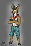  2014 anthro antlers bandanna beard belt brown_hair buckle bulge cervine clothed clothing deer ear_piercing facial_hair fluff fluffy fur green_eyes hair hooves horn looking_at_viewer male mammal metalsmile navel pants piercing shorts smile solo tan_fur white_fur 